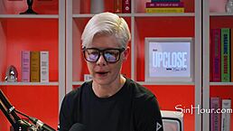 Cute and pretty pornstar Leana Lovings in nerdy glasses during casting interview.