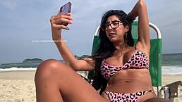 Latina shows big ass on beach, gets blowjob and cumshot outdoors!