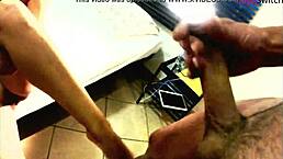 Why endure ball busting pain in bondage? Watch this femdom amateur kick balls and give handjob with cum on feet.