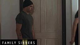 hot babe strips and rides her step cousin's big cock