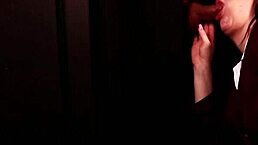 Girl next door in uniform and stockings sucks cock at gloryhole for facial