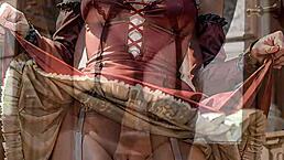 ai generated blonde in victorian dress upskirts her pussy and garter belt