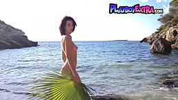 So, this glamorous big-titted miss march, maria gutjahr, is posing naked at the beach with her shaved pussy