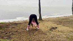 flexible girl in leggings gets banged in public with facial