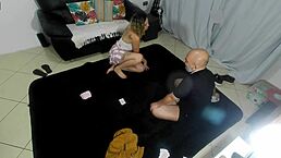 the game ends with her naked and covered in cum after blackmail