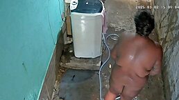 Hidden camera captures MOTHER-IN-LAW showering and EXPOSING in backyard