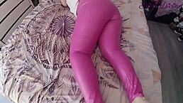 Thong and big round natural ass too tight in sexy pink leggings with bent over action