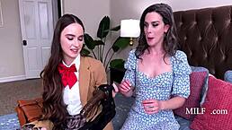 Teacher and student in lesbian strapon fucking.