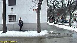 The redhead BBW milf pees in public, watched by voyeurs