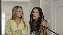 Victor Ray feels so excited taking on Linda Lan and Scarlett Alexis in a passionate threesome on the sofa.