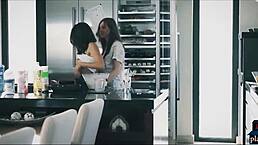European babes cook while having hot lesbian sex, licking each other's pussy and ass in the kitchen.