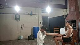 Blonde lady in costume rides dirty beggar cowgirl style