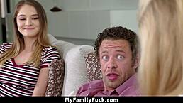 The stepdaughter bends over for her stepfather's big tits and brunette slit therapy