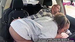 The german ebony amateur teen feels excited during public sex in the car outdoors, with her curly hair flowing.