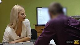 Nathaly gives her shaved pussy to loan agent! Wow!