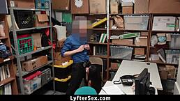 young shoplifter gets caught by the cop at work, leading to a hardcore office sex session with blowjob and doggystyle submission.