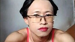 Asian shemale jerking her cock