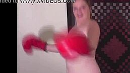 Roxie the chubby milf gives a handjob while bouncing her big natural tits during workout.