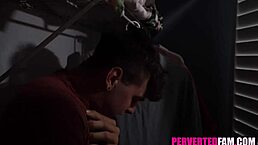 Stepmom spots her horny stepson spying and decides to help him out with a blowjob and big tits fucking using his big cock.