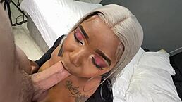 Thick busty ebony milf gags on white boy's cock before creampie in interracial homemade session 😈🍆💦