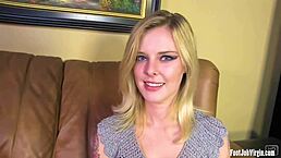 Footjob virgin teen girl getting a guy to cum with shaved pussy and blonde hair in casting interview