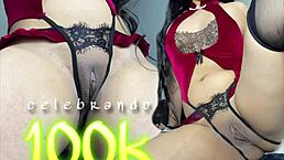 Goth girl celebrates 100k views with squirting orgasm on BBC dildo in close-up homemade solo.