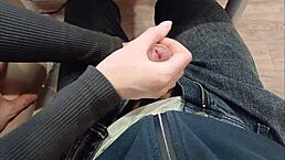 Feeling excited as classmate gets handjob during lecture.