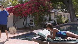 Oh man, that Nubian princess blowing big white dick by pool, yeah she got it goin' on