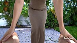 step mom caught step son jerking off outdoors and helped him cum quick with tight pussy orgasm