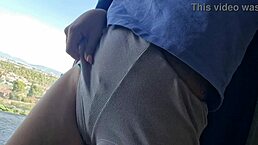 Sexy shaved milf masturbates outdoors in public until wet pussy creampie orgasm.