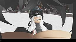 In a snowy forest, a blonde experiences a missionary encounter with cartoon elements.