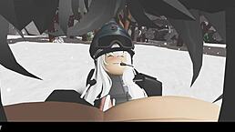 In a snowy forest, a blonde experiences a missionary encounter with cartoon elements.