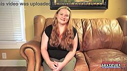 Curvy redhead coed Rose masturbates and gives a bj to get her shaved pussy fucked with rimjob!