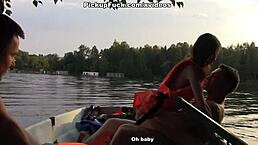 Three men picked up a girl on their boat for outdoor creampie sex