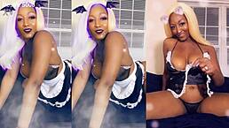 Ebony maid feels excited cleaning the house in her thong and costume with pierced nipples.