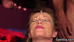 Nasty doll takes that jizz load on her face and swallows every drop of love juice