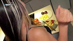 Step Brother Roughly Uses Step Sister Mouth In Kitchen While She Cooks In Tiny Panties And Cums On Face