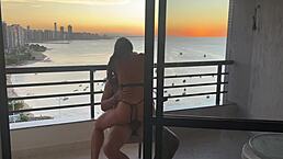 Latina in lingerie bent over for doggystyle anal with tattooed ebony babe riding cowgirl