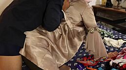 French amateur in satin lingerie and leather pants enjoys rimming blowjob doggystyle pov sex