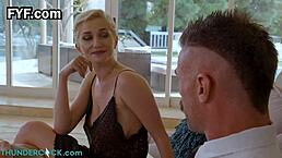 Skye Blue seals the naughty deal with titty fuck and doggystyle on big cock. She licks balls in heels too.