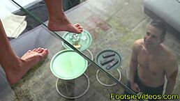 I feel so turned on watching sexy blonde with small tits giving footjob until toes get spermed.