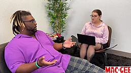 hey mac dives into sex therapy with big tits bbw in fishnets for interracial licking sucking and doggystyle on belly