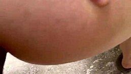 once again i pound my petite girlfriend's tight anal in the forest with rough doggystyle. she gapes and drips cum outdoors.