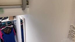 trying erotic clothes in small 18+ cozy shop with open door and open curtain