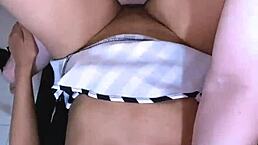 The 18-year-old college girl in uniform impresses her math teacher with skills and invites him home for more.