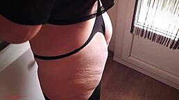 Blonde slut housewife Karina bends over in kitchen for anal creampie with big ass licking and pov doggystyle