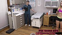 The cheerleader goes in for a sports physical with Tyler Lynn, involving close-up ass, pussy, and small tits spreading backstage.