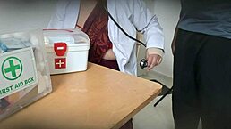 Doctor secretly gives a blowjob to patient in the clinic with nurse around