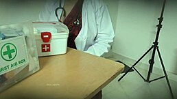 Doctor secretly gives a blowjob to patient in the clinic with nurse around