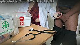 Doctor secretly gives a blowjob to patient in the clinic with nurse around